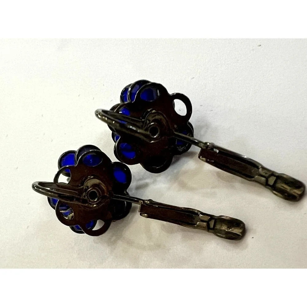 Vintage Cobalt Blue Glass‎ Floral Clip On Earrings Art Deco Rhinestone Flower